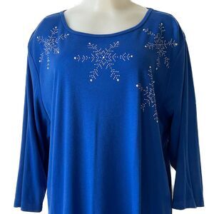 Quacker Factory Royal Blue Snowflake Embellished Knit Top 3/4 Sleeve-Women's 1X